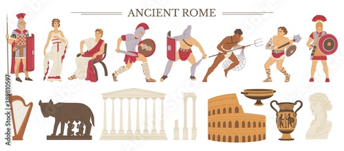 Set of symbols of ancient Rome history flat vector illustration isolated.