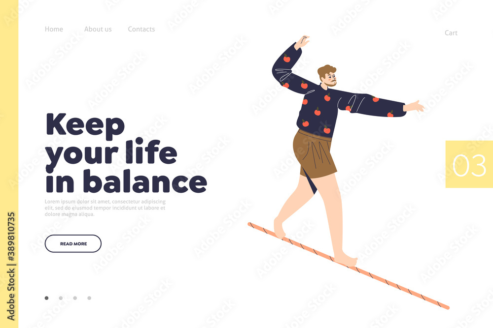 Keep life in balance concept of landing page with man walking on tightrope