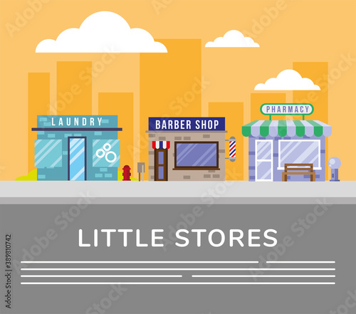 laundry with pharmacy and barber little stores buildings facades street scene