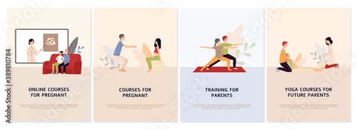 Prenatal courses for pregnant set of web or app banners vector illustrations.