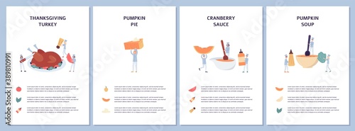 Set of banners with Thanksgiving or Halloween meals, flat vector illustration.