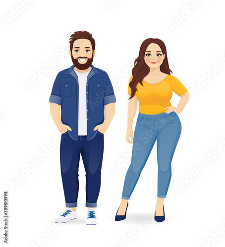 Young plus size people in casual clothes. Smiling couple man and woman isolated vector illustartion