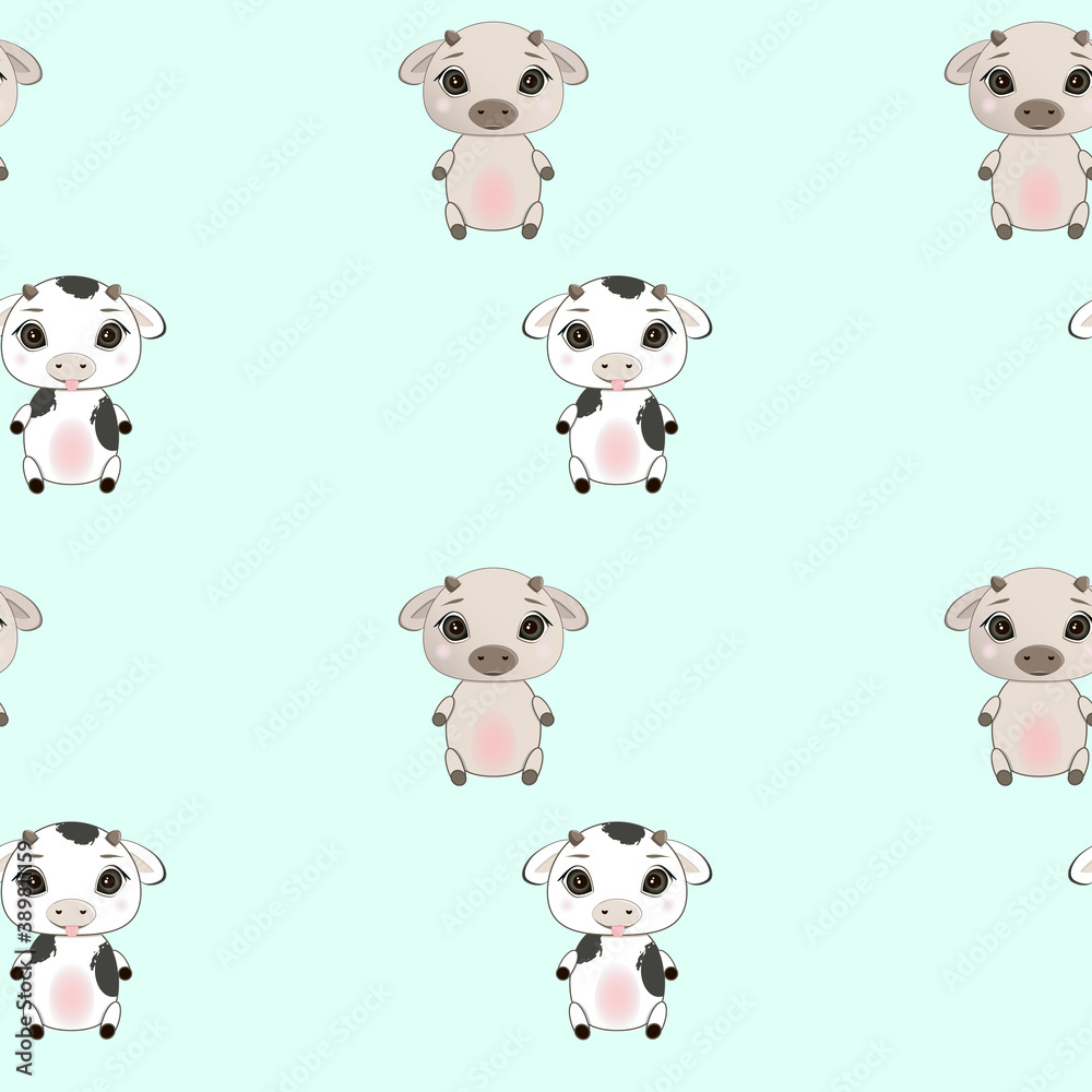 Children's seamless pattern with cute bulls on a turquoise background Children's seamless pattern with cute bulls on a turquoise background