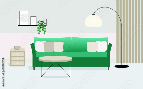 A fragment of a living room with a green sofa  pink and gray walls  a wooden nightstand and a table. Vector