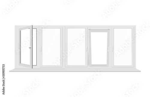 Long white window frame with clear glass isolated on white background.
