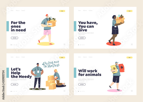 Set of landing pages with volunteers making donations to poor people and animal shelters