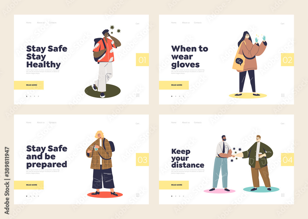 Set of landing pages with corona virus prevention concept and people clean hands and wear gloves