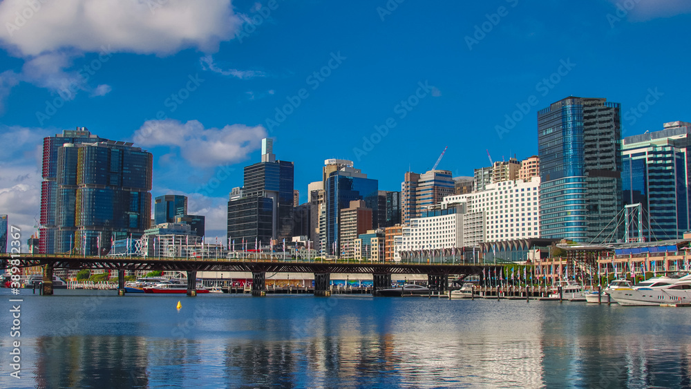 Panoramic view of Sydney Harbour and City Skyline of Darling Harbour and Barangaroo Australia