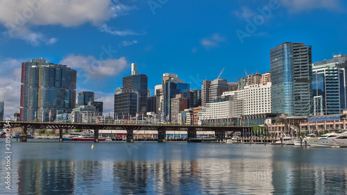Panoramic view of Sydney Harbour and City Skyline of Darling Harbour and Barangaroo Australia