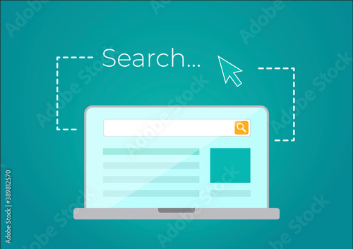Internet search engine, laptop with web browser. Vector illustration