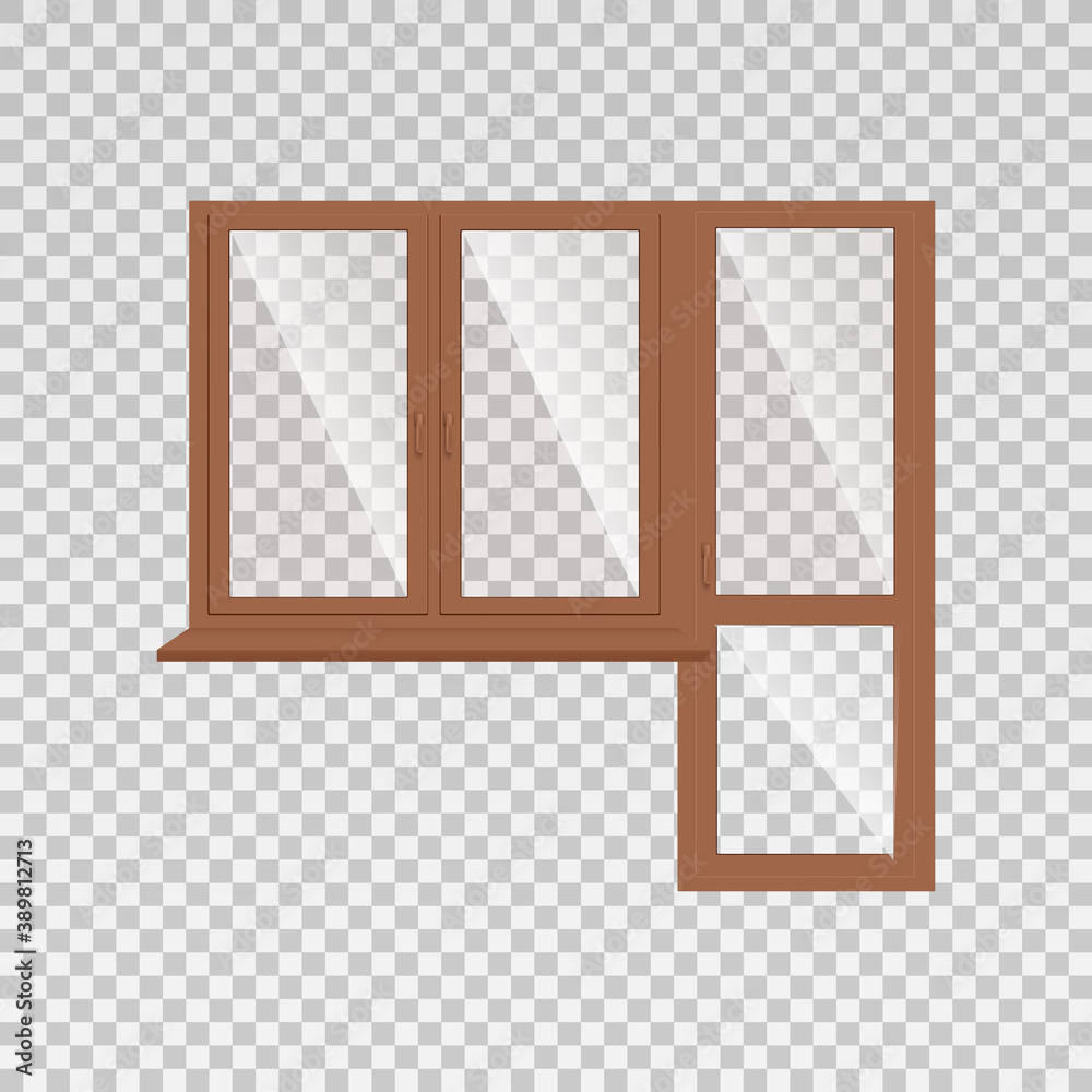 Fototapeta premium Vector realistic isolated illustration of glass window and door with brown frame
