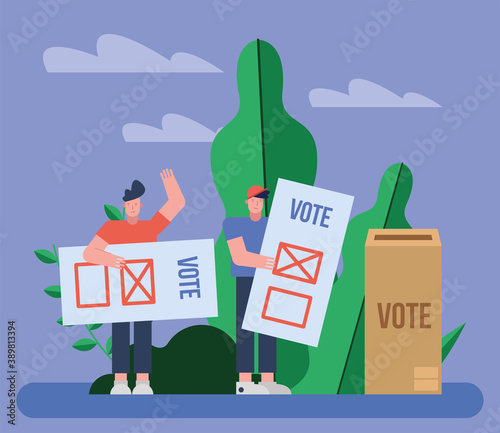 group of voters with voting cards in urn