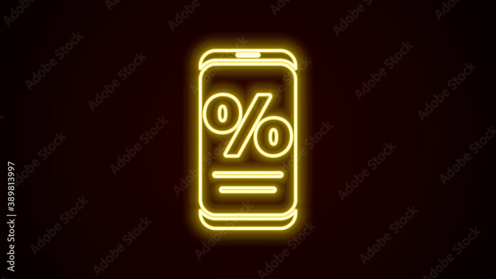 Glowing neon line Percent discount and mobile phone icon isolated on black background. Sale percentage - price label, tag. 4K Video motion graphic animation Glowing neon line Percent discount and mobile phone icon isolated on black background. Sale percentage - price label, tag. 4K Video motion graphic animation