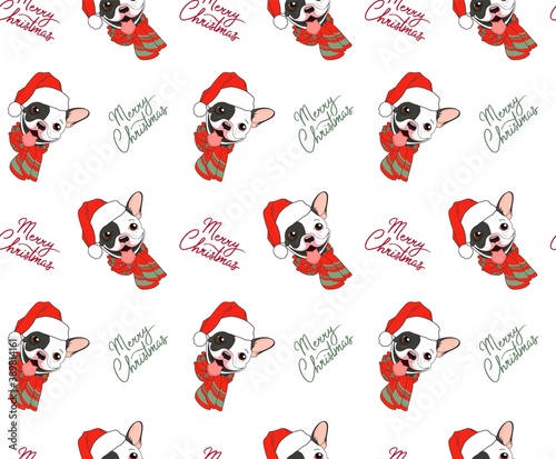 Christmas seamless vector pattern with cute french bulldog, wearing santa claus hat. Wallpaper New Year. The inscription Merry Christmas. Textile composition, hand drawn style. Isolated puppy print.
