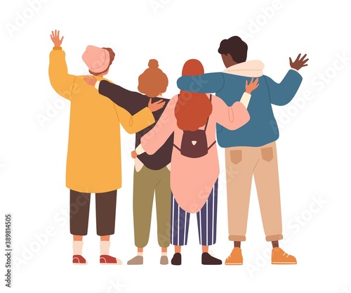 Group of young people hugging and waving hands. Students or team standing together. Friends support and unity concept. Flat vector cartoon isolated illustration on white background
