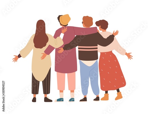 Group of men and women hugging and waving hands. Concept of friendship and team support. Friends or colleagues standing together. Flat vector cartoon isolated illustration on white