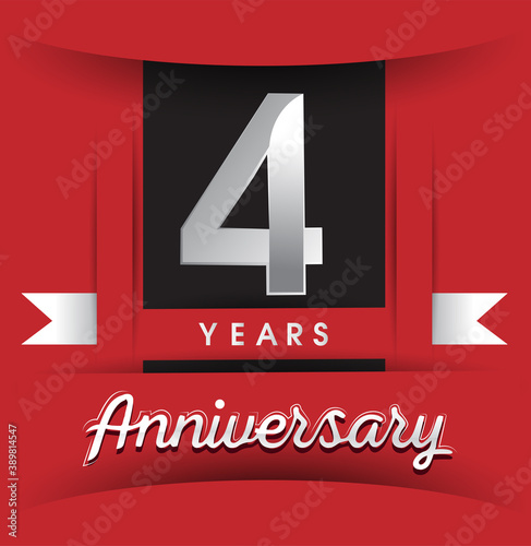 4th years anniversary logo with white ribbon isolated on red background, flat design style, Vector template elements for birthday celebration.