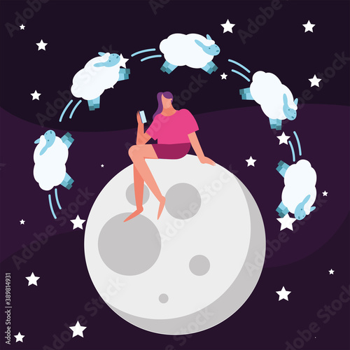 woman seated in moon counting sheeps suffering from insomnia character