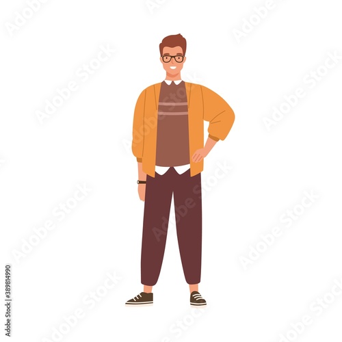 Young trendy dressed man in glasses isolated on white background. Male character in modern office outfit. Happy IT specialist portrait. Vector illustration in flat cartoon style