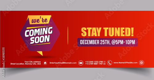 We are coming soon stay tuned facebook cover banner in red background. We are coming soon stay tuned with date and time facebook and twitter banner template. Announcement cover banner for social media