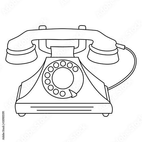Antique rotary dial telephone with a wire. Vector linear illustration