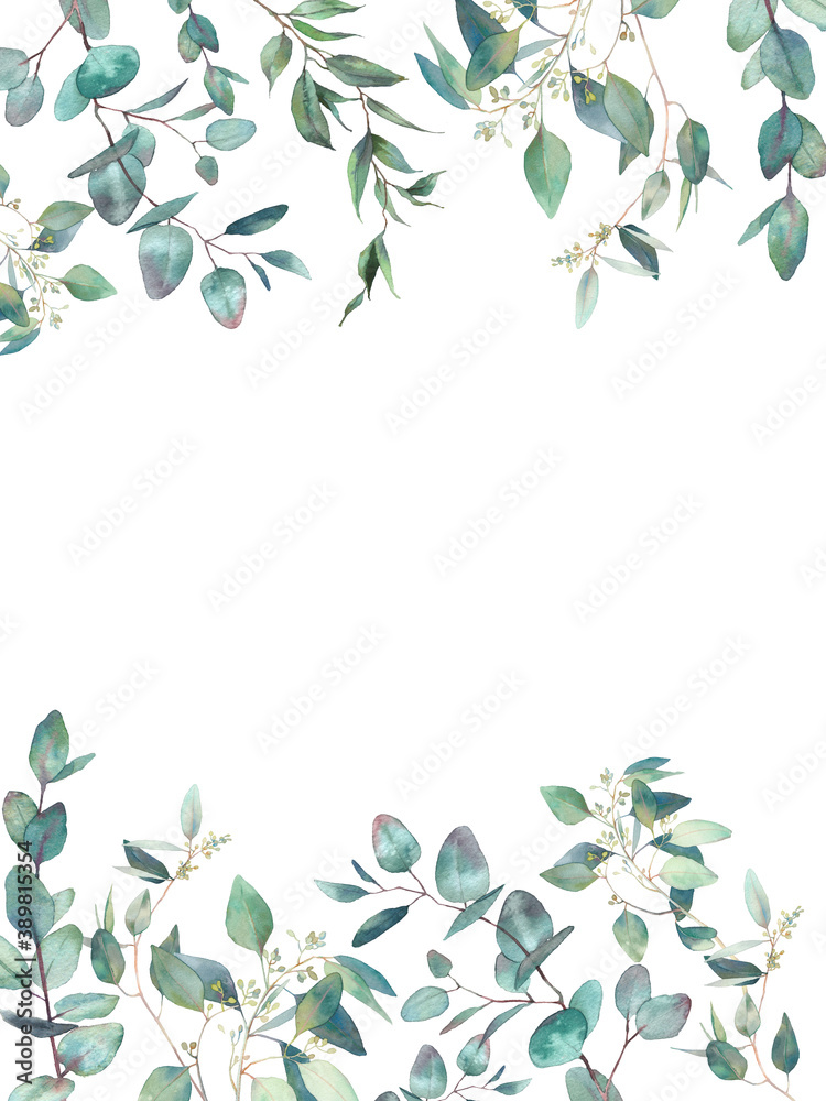 Watercolor floral frame. Hand drawn greeting card design with green ...