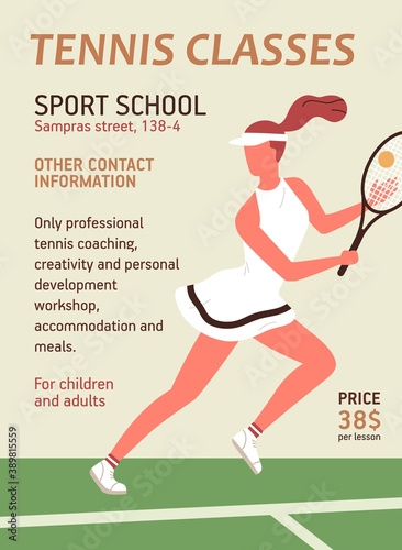 Colorful vertical announcement for tennis classes or school with sportswoman holding racquet. Advertising poster for sport lessons with a place for text. Flat vector cartoon illustration