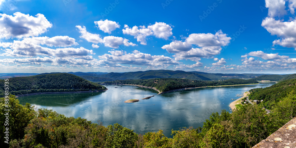 View from Waldeck Castle over the Edersee in northern Hesse, Germany. - obrazy, fototapety, plakaty 