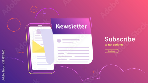 Newsletter subcription online in mobile app. Vector gradient illustration of big smartphone with new monthly letter flying out of screen for staying up-to-date and get news and updates
