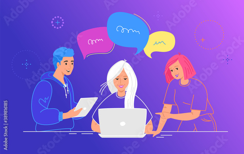Three guys working as team and talking with speech bubbles. Flat line vector illustration of people with laptop and digital tablet discussing the project at work desk. Teamwork on gradient background
