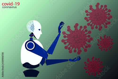 the robot works with the covid-19 virus. Help the robot with the coronavirus vaccine. Vector