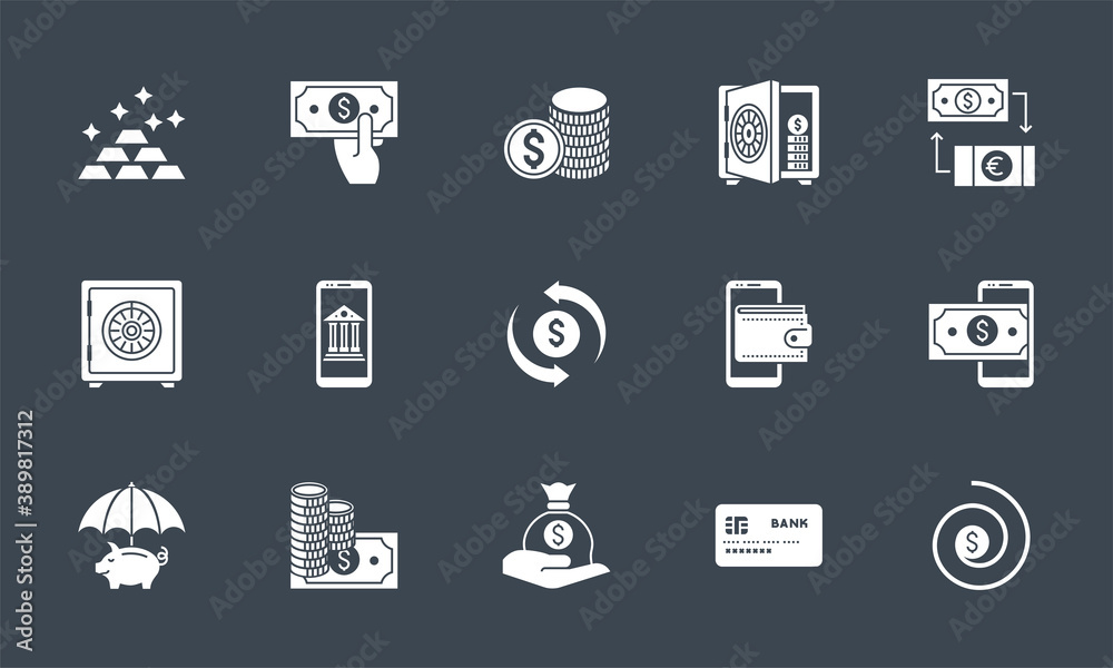 Banking icons set. Related vector glyph icons. Isolated onblack background. Vector illustration.