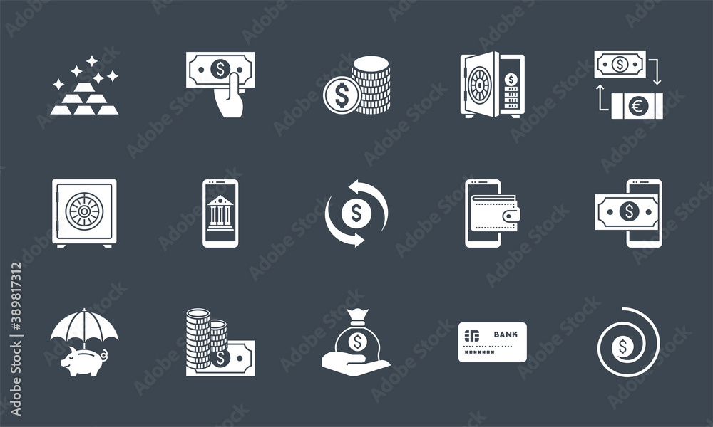 Banking icons set. Related vector glyph icons. Isolated onblack background. Vector illustration. Banking icons set. Related vector glyph icons. Isolated onblack background. Vector illustration.