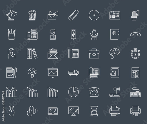 Office Thin Line Related Icons Set Isolated on Black Background. Simple Mono Linear Pictogram Pack Stroke Vector Logo Concept for Web Graphics. Editable Stroke.