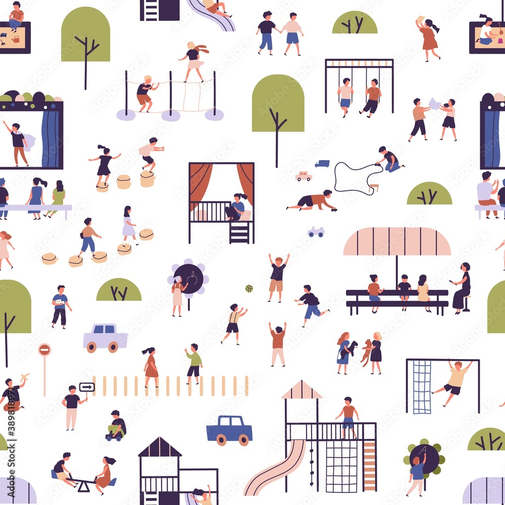 Seamless pattern with kids at modern kindergarten playground. Children having outdoor activities, playing games, walking, communicating and listening teacher. Flat vector illustration on white