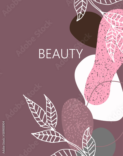 abstract background for cosmetics products, inscription beauty. Different shapes with texture and floral ornament leaves.