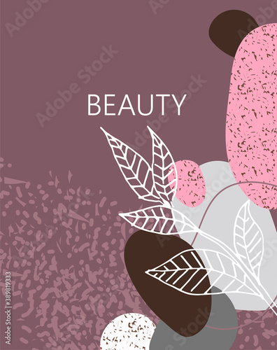 abstract background for cosmetics products, inscription beauty. Different shapes with texture and floral ornament leaves.