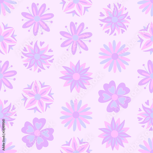 Abstract purple flowers seamless pattern. Vector illustration pattern for surface, t shirt design, print, poster, icon, web, graphic designs. 