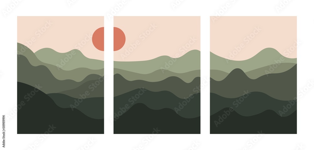 Abstract landscape collage. Travel contemporary nature posters, mountain backgrounds scandinavian style. Vector wall art decor