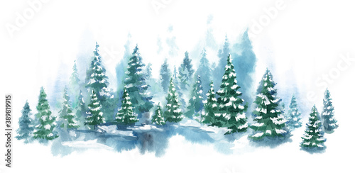 Watercolor Blue winter landscape of foggy forest hill. Wild nature  frozen  misty  taiga. Vector Horizontal watercolor background. Evergreen coniferous trees.