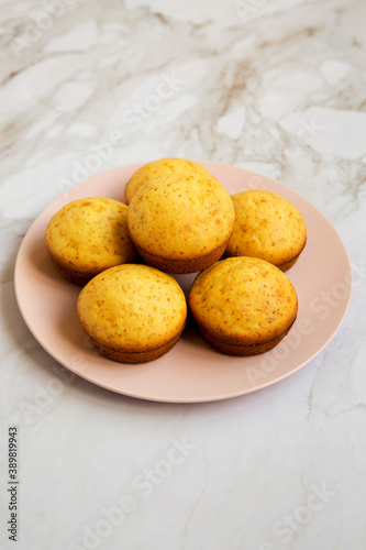 Homemade Cornbread Muffins on a pink plate  side view.