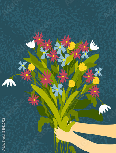Baby Hands hold out a bouquet of wildflowers on a blue background with noise texture. Illustration 8 March, Mother's Day, Birthday.