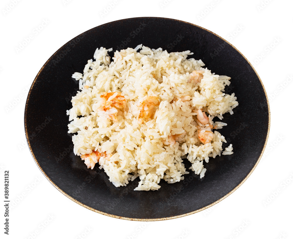 chinese cuisine - boiled jasmine rice with shrimps on dark brown plate isolated on white background chinese cuisine - boiled jasmine rice with shrimps on dark brown plate isolated on white background