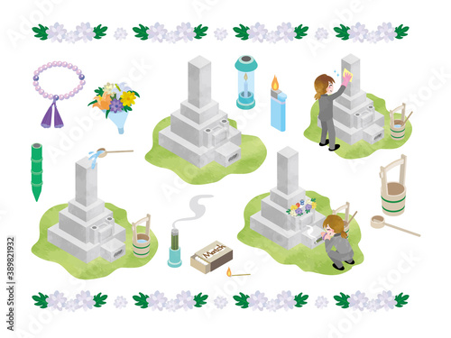 日本のお墓参りのイラストセット