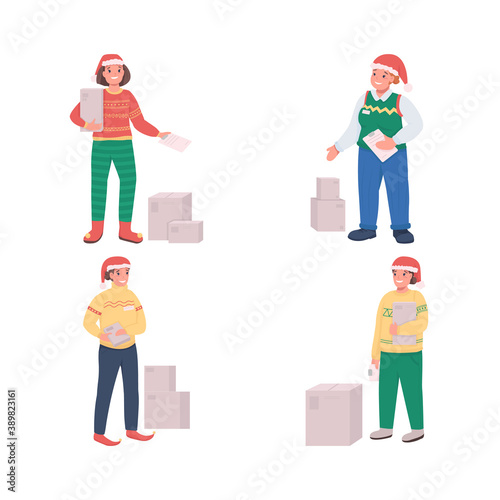 Christmas holiday delivery flat color vector character set. Courier in Santa Claus hat. Christmas time. Order shipment isolated cartoon illustration for web graphic design and animation collection