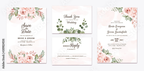 Floral wedding invitation template set with white and peach roses flowers and leaves decoration. Botanic card design concept