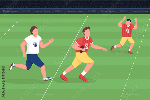 Rugby union flat color vector illustration. Athlete play american football. League match on field. Team training. Professional sportsmen 2D cartoon characters with landscape on background