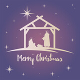 happy merry christmas lettering with holy family in stable silhouette