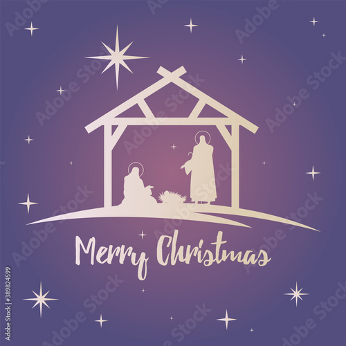 happy merry christmas lettering with holy family in stable silhouette