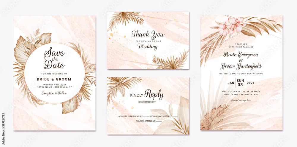 Floral wedding invitation template set with brown and peach roses flowers and leaves decoration. Botanic card design concept